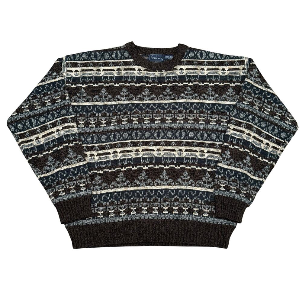 Vintage Fair Isle Knit Sweater Brown Geometric Pattern XL Basic Editions